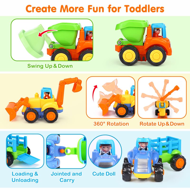 ORWINE Inertia Toy Early Educational Toddler Baby Toy Friction Powered Cars Push and Go Cars Tractor Bulldozer Dumper Cement Mixer Engineering Vehicles Toys for Children Boys Girls Kids Gift 4PCS - Image 4